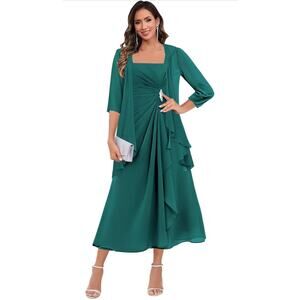 Tea Length Mother of The Bride Dresses with Jacket Sleeves 2 Pieces Chiffon